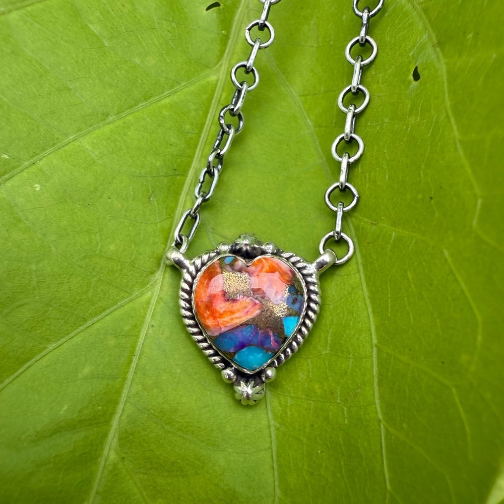 Spiny Oyster Colorful Sterling Silver 925 Heart Pendant Necklace